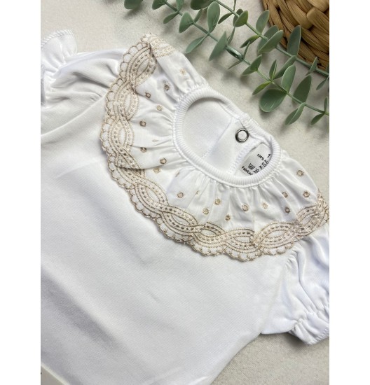 Body Manga Curta Golinha Renda/Pintas Pérola 