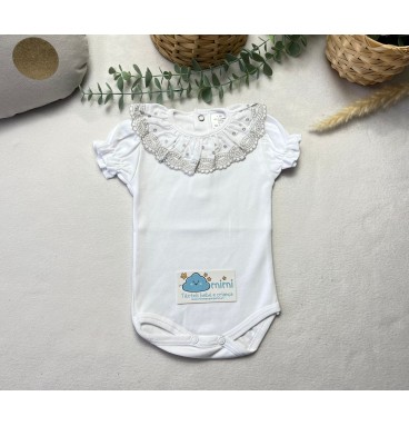 Body Manga Curta Golinha Renda/Pintas Cinza