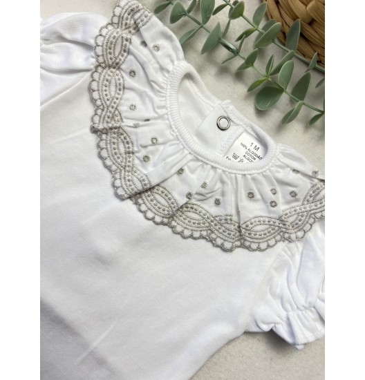 Body Manga Curta Golinha Renda/Pintas Cinza