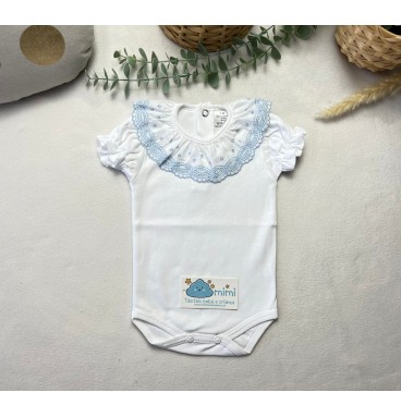 Body Manga Curta Golinha Renda/Pintas Azul 