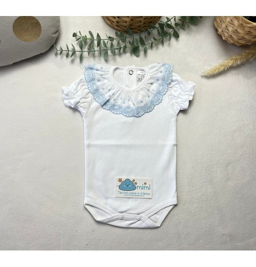 Body Manga Curta Golinha Renda/Pintas Azul 
