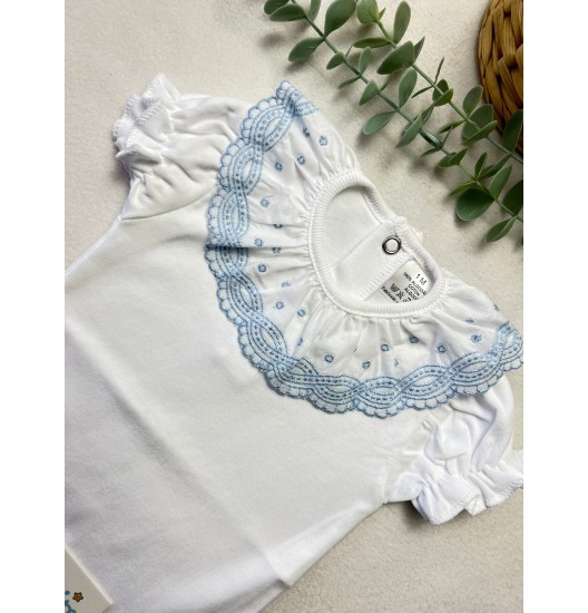 Body Manga Curta Golinha Renda/Pintas Azul 