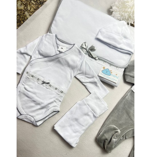 Kit 1ª Roupinha Laço Cinza