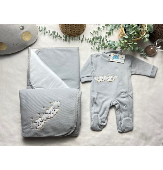 Manta + Babygrow Nuvem Cinza 